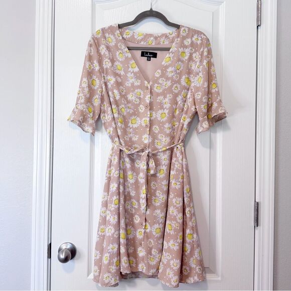 Lulus Castana Nude Floral Print Button-Up Dress Size XL Summer Dainty Mini - Picture 2 of 11
